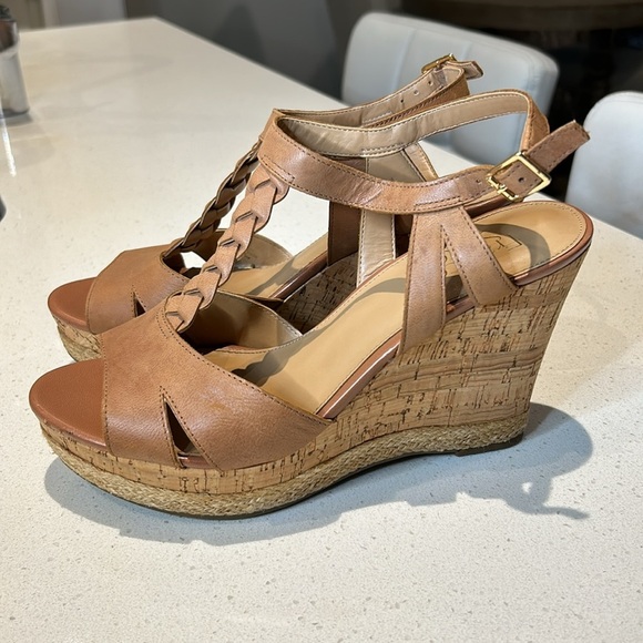 Franco Sarto Seema Tan Leather Cork Espadrille Wedge Sandals Women’s size 9.5 - Picture 3 of 17